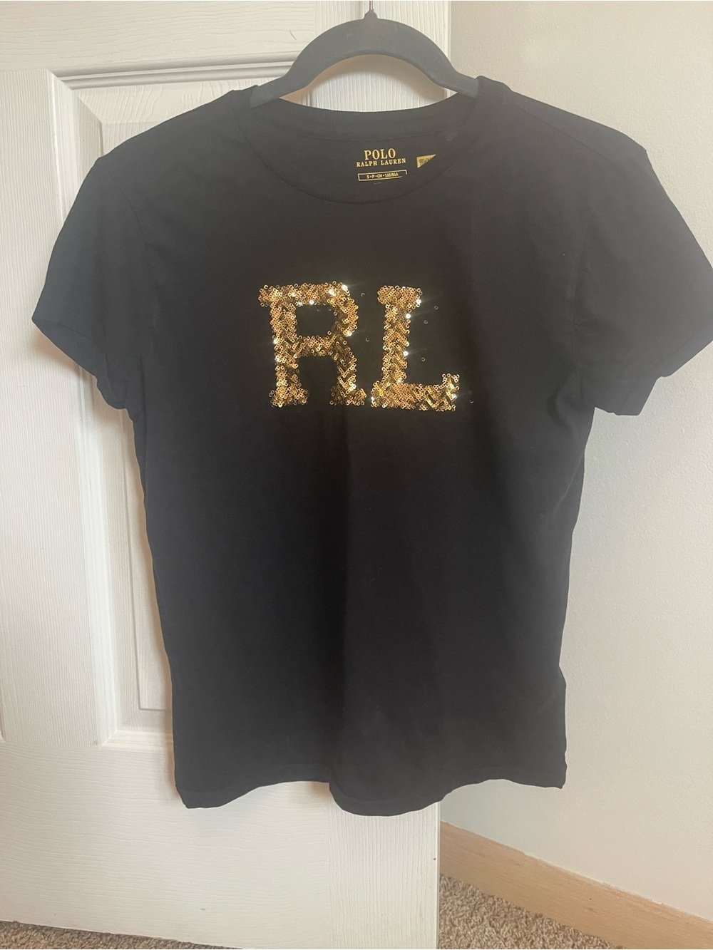 Polo by Ralph Lauren Black Tee with Gold Sequin RL Initials